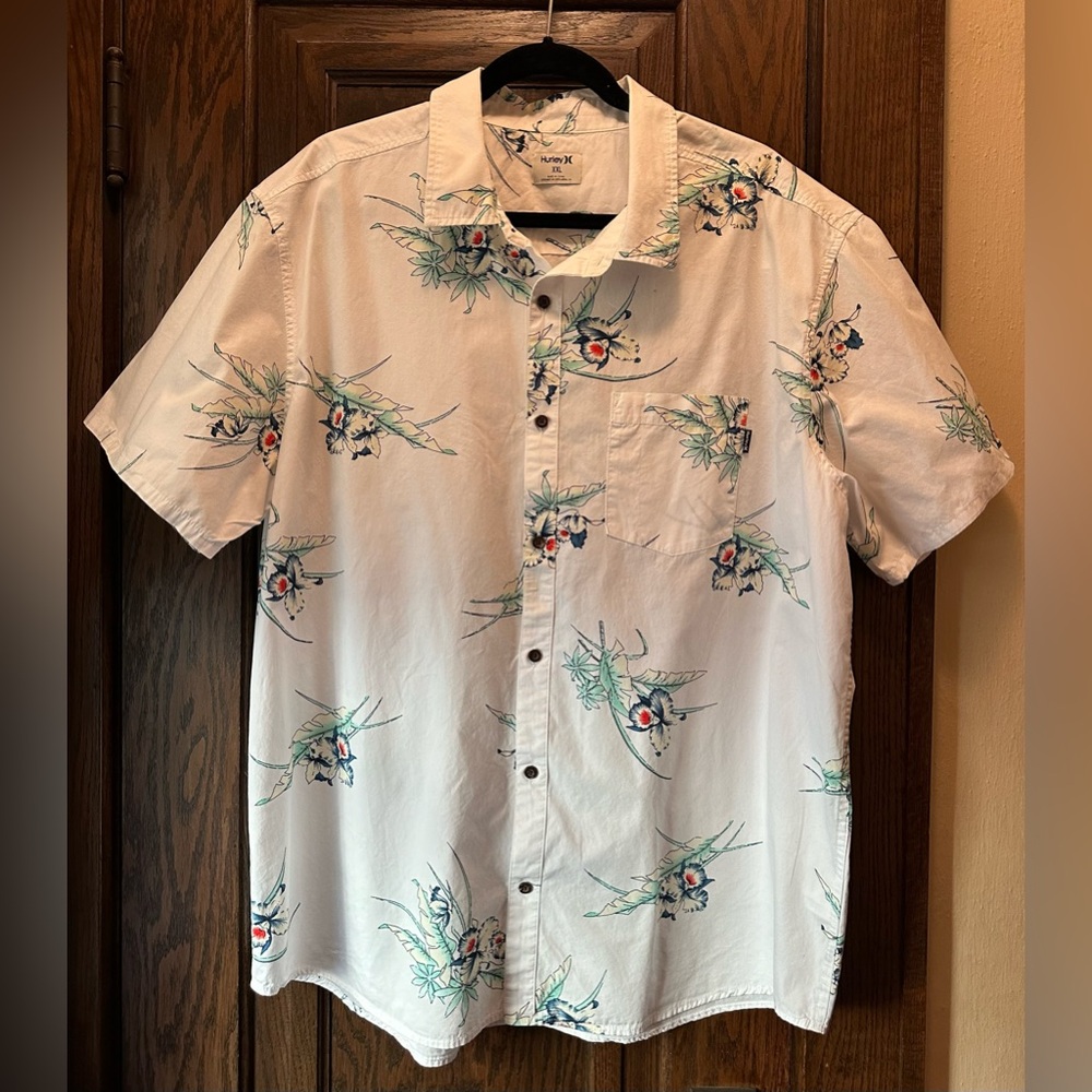 Hurley Men’s Hawaiian Shirt Button Down Tropical Floral White, Size XXL